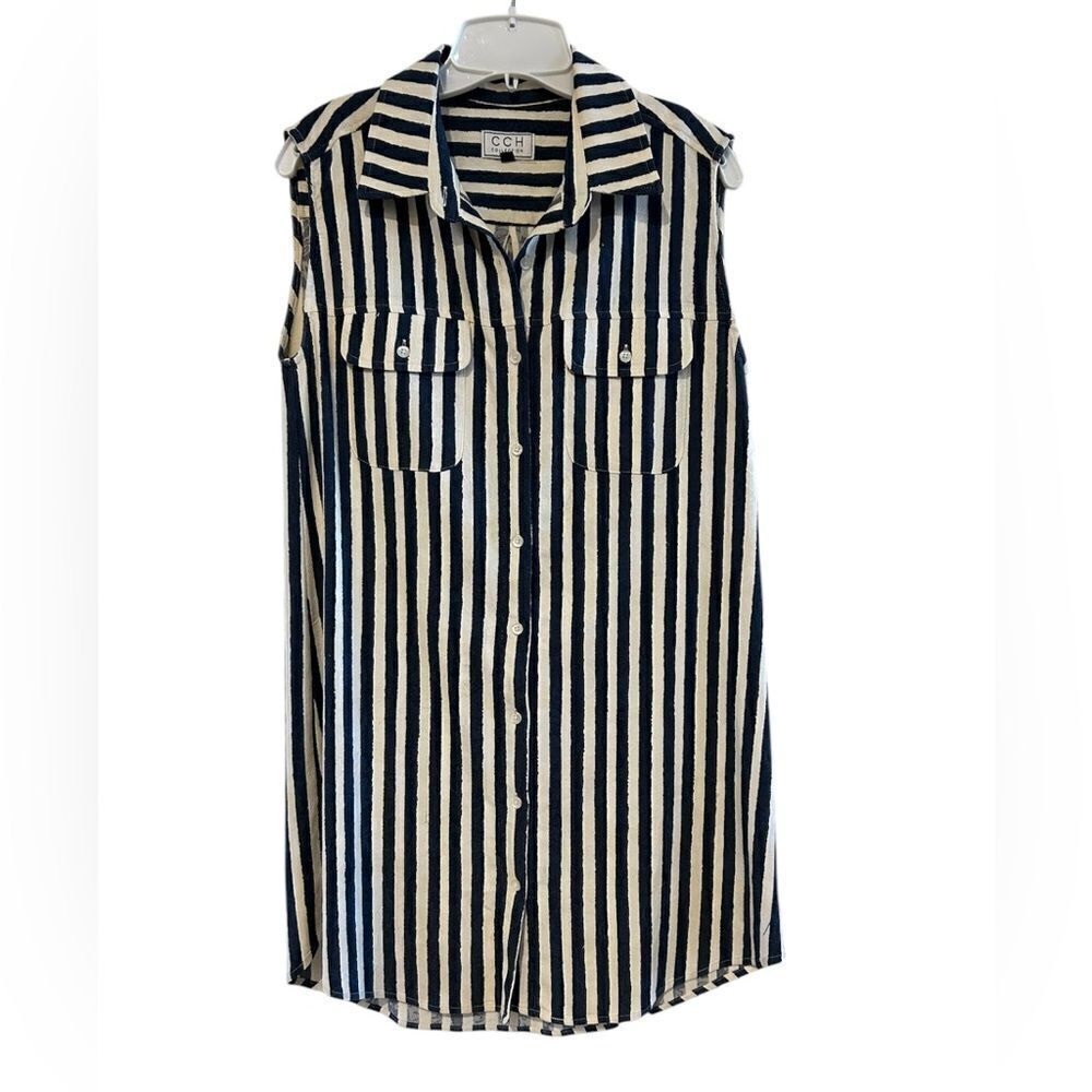 CCH Collection Nautical Navy & White Striped Collared Button Blouse SZ M